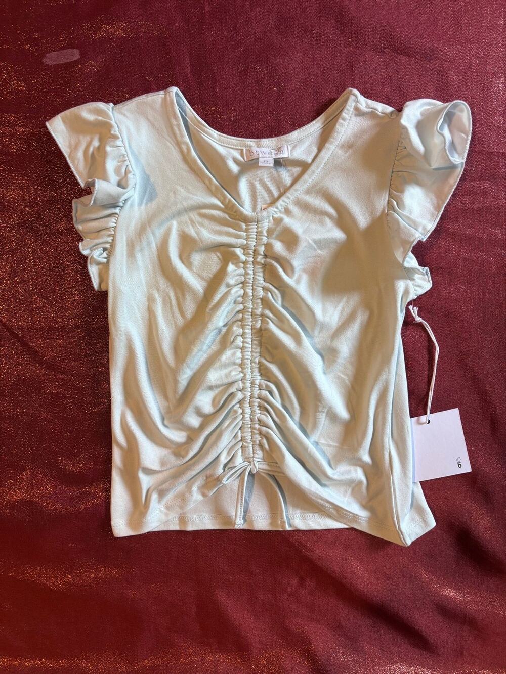 Girls Top 6 Light Blue Ruffle Sleeve Ruched Front Short Sleeve NWT Kids Summer
